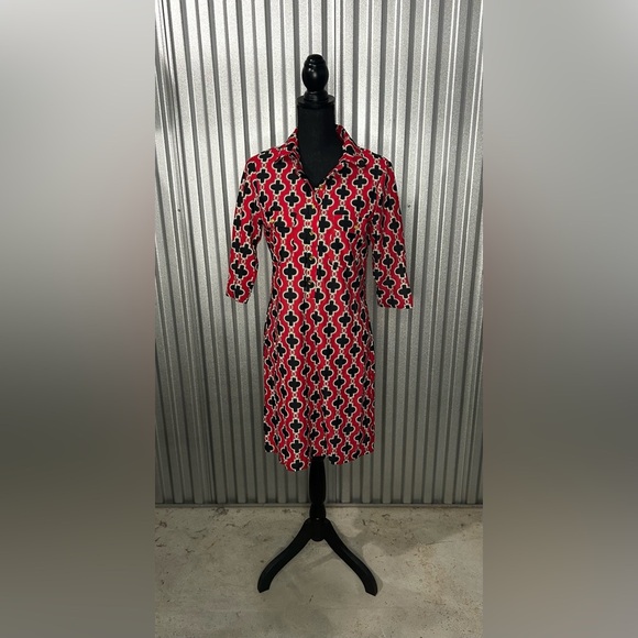 Women’s Jude Connally Red Black Geometric Long Sleeve Midi Dress Designer Small - Picture 1 of 4